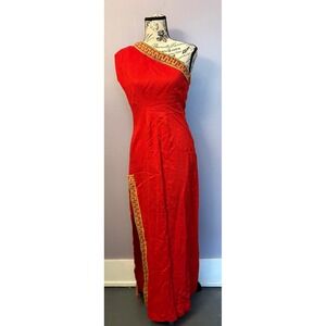 Vintage Red One Shoulder Greek Key Trim Maxi Gold Metallic Slit Gown Costume SM